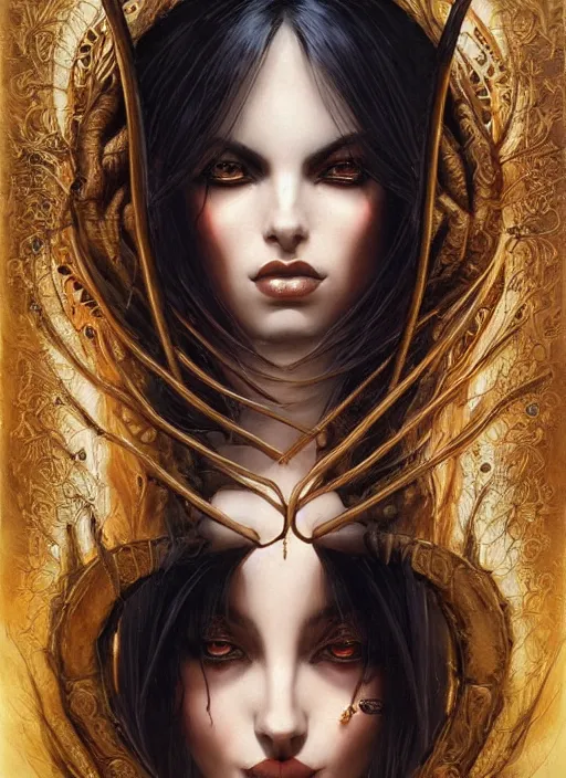 Image similar to a highly detailed symmetrical painting of a female fantasy seductive sensual dark mistress with piercing beautiful eyes, trending on artstation, deviantart, art by artgerm and karol bak and mark brooks