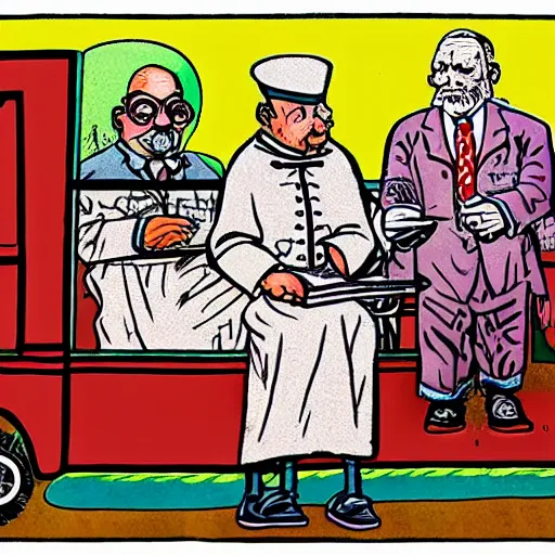 Prompt: !dream The Artwork of R. Crumb and his Cheap Suit Pope and Bishop, pencil and colored marker artwork, trailer-trash lifestyle