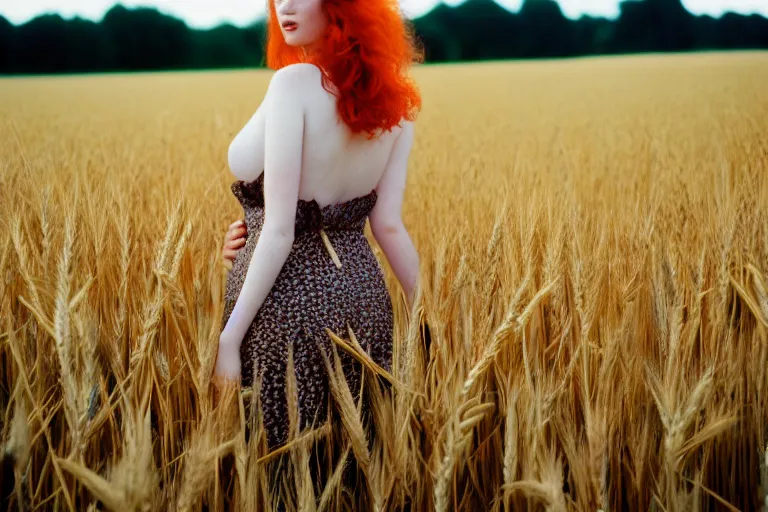 Prompt: voluptuous redhead girl in the wheat field, soft light, 35mm film