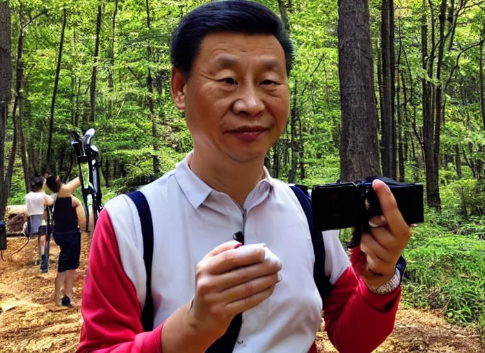 Prompt: xi jingping holding a gopro on a stick filming winnie the pooh