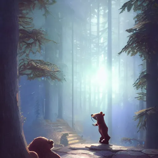 Image similar to a bear teaching calculus, stephen bliss, unreal engine, fantasy art by greg rutkowski, loish, rhads, ferdinand knab, makoto shinkai and lois van baarle, ilya kuvshinov, rossdraws, tom bagshaw, global illumination, radiant light, detailed and intricate environment