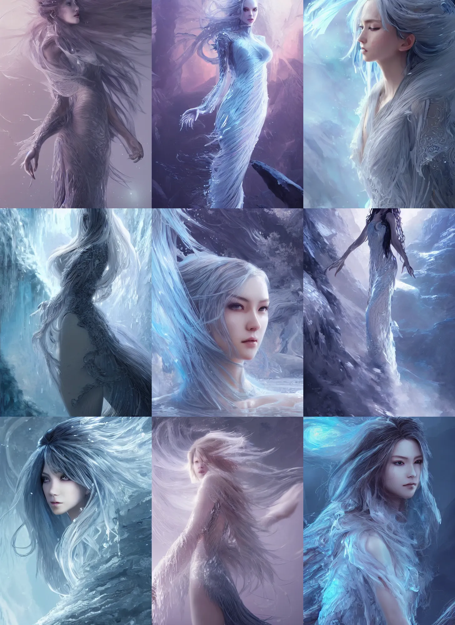 Prompt: female made of ice long hair like a waterfall, full body, elegant, intricate, highly detailed, fractal background, digital painting, artstation, concept art, wallpaper, smooth, sharp focus, illustration, epic light, art by zeen chin and wadim kashin and sangyeob park, terada katsuya