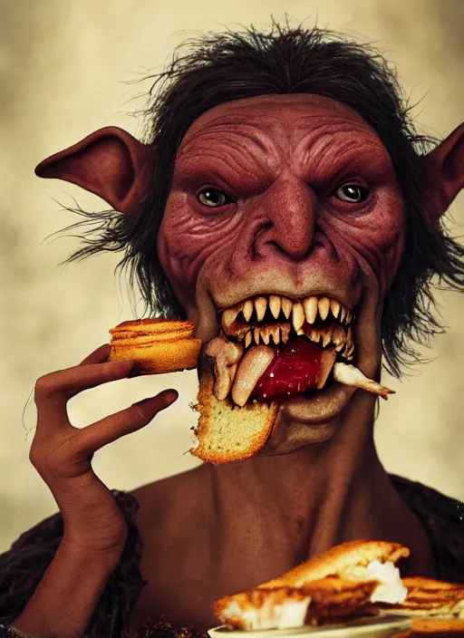 Image similar to closeup portrait of a medieval goblin eating cakes in the abbey, depth of field, zeiss lens, detailed, symmetrical, centered, fashion photoshoot, by annie leibovitz and steve mccurry, david lazar, jimmy nelsson, breathtaking, 8 k resolution, extremely detailed, beautiful, establishing shot, artistic, hyperrealistic, beautiful face, octane render