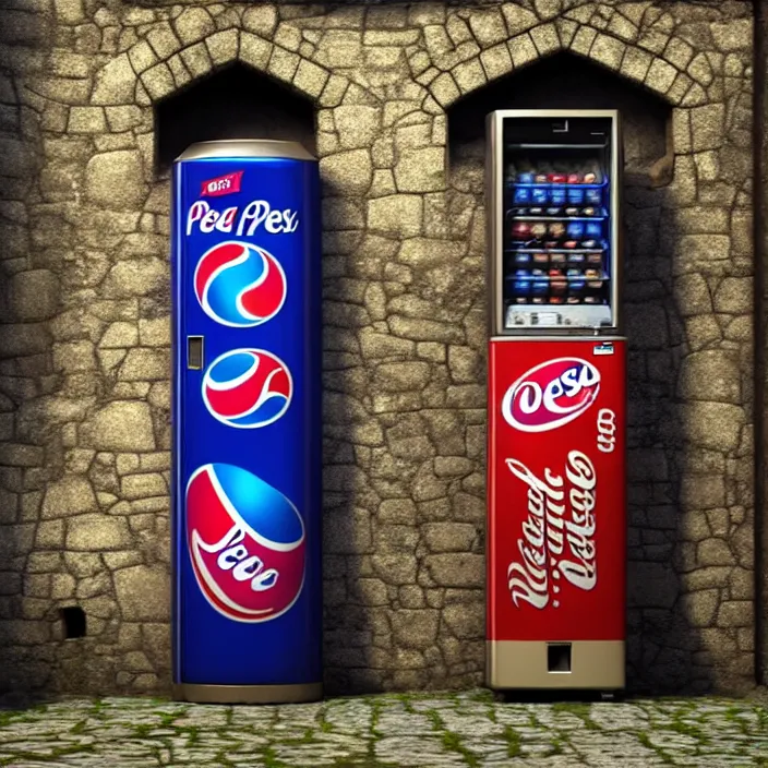 Image similar to pepsi vending machine outside a medieval house in a fantasy village. a woman is standing next to the vending machine. extremely high details, realistic, fantasy art, cinematic, octane render, masterpiece, artstation contest winner, art by johannen voss, frank frazetta