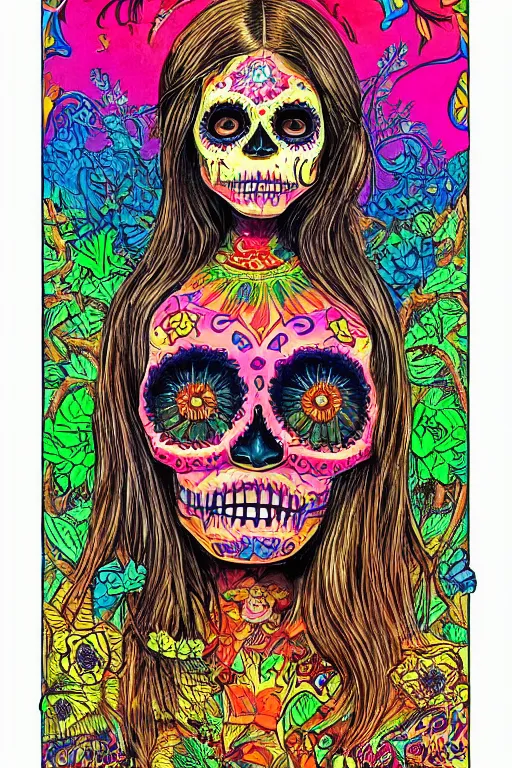 Image similar to realistic detailed psychedelic poster art of a cute Día de los Muertos girl by Victor Moscoso Rick Griffin Art Noveau, masterpiece