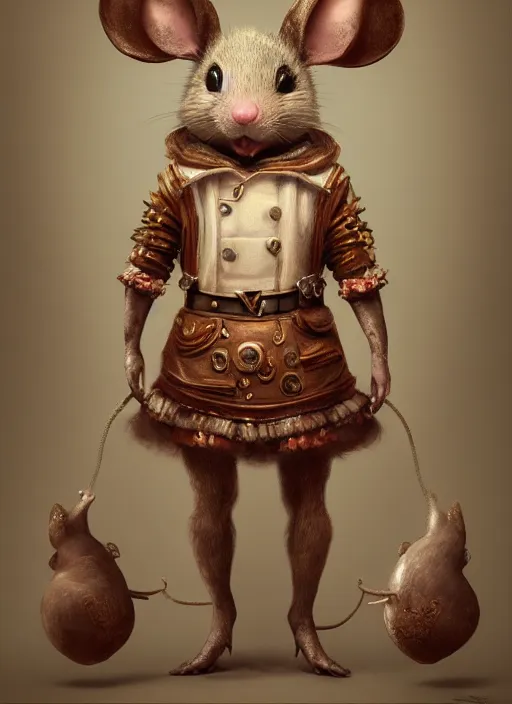 Image similar to full body concept, very fine art oil painting of a cute anthropomorphic mouse with a very beautiful face wearing full intricate clothing, ultra detailed, octane render, 4K, dystopian, micro details