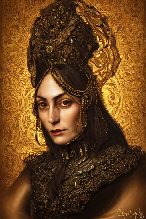 Image similar to portrait, headshot, digital painting, of a 17th century, beautiful, middle aged, middle eastern, wrinkles, decadent, cyborg noble woman, dark hair, amber jewels, baroque, ornate dark green opulent clothing, scifi, futuristic, realistic, hyperdetailed, concept art, chiaroscuro, dramatic backlighting, golden hour, autochrome, art by syd mead