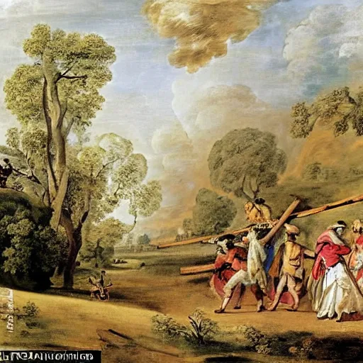 Prompt: the whole wide shot scenario depicted in this historical rococo painting by late baroque antonie watteau from the 1 7 9 0 s depicts a fantasy empire that combines middle eastern and scandinavian customs. because lumber is this empire's main export, the picture shows a group of labourers dragging lumber across a barren landscape.