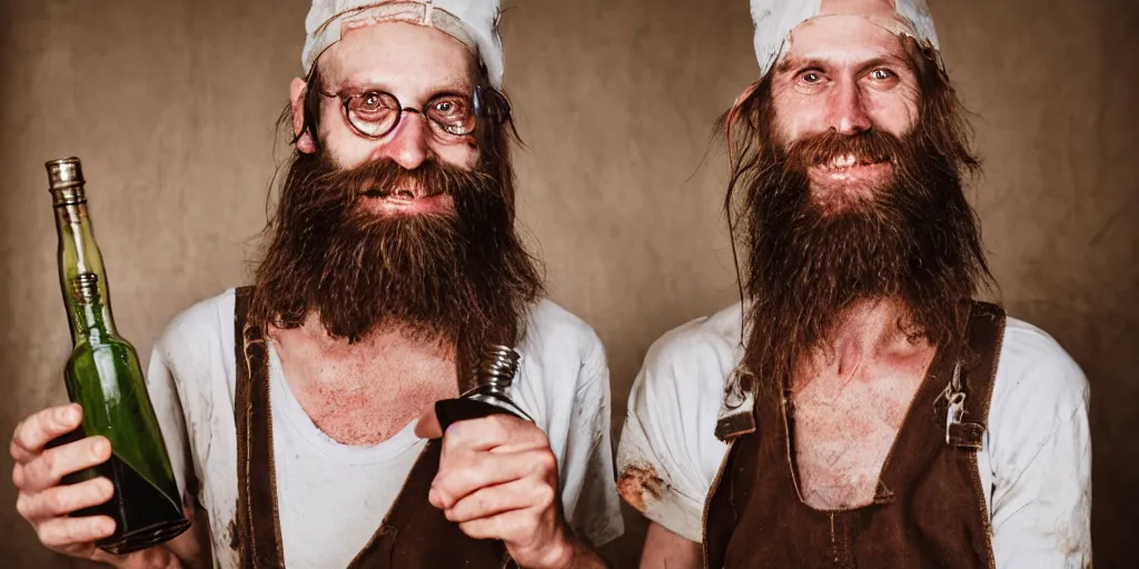 Image similar to extremely skinny malnourished redneck white male with long beard, wearing dirty overalls, dirty greasy face, grin, portrait, close up, he is proudly holding a jug of whiskey, kodak gold 2 0 0, 5 0 mm