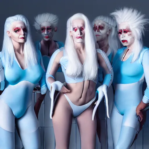 Image similar to troop of freak show women with white hair, white hair, tight light blue neopren suits, futuristic production facility, sci - fi, highly detailed, cinematic