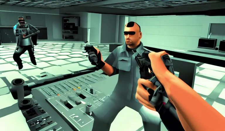 Image similar to ltj bukem npc in perfect dark giving you dj training, 9 0 s first person shooter, low poly, gameplay screenshot