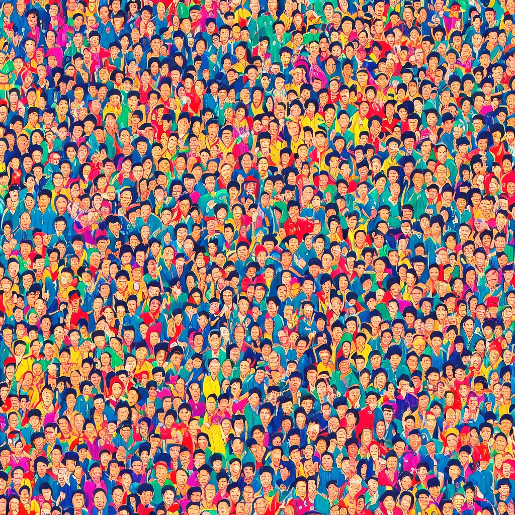 Image similar to a Where's Wally of a chinese prison by lisa frank, beautiful, bold colors, detailed, high resolution, realistic, intricate