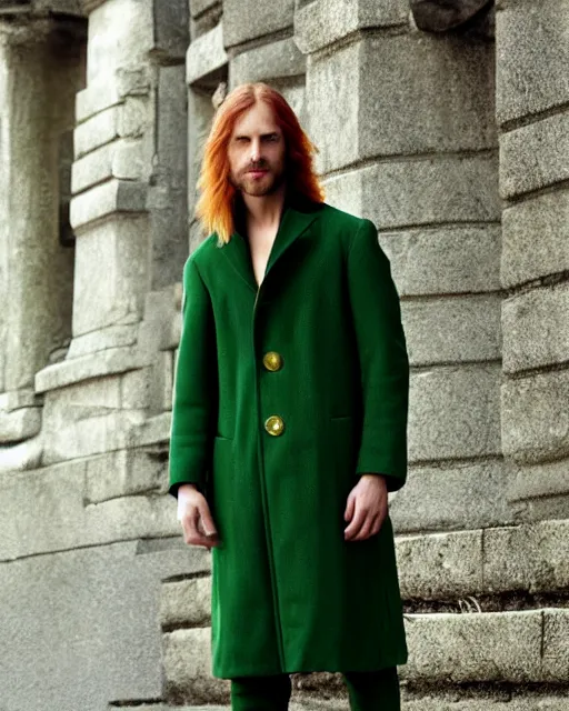 Image similar to in green coat Male fantasy character with golden long hair