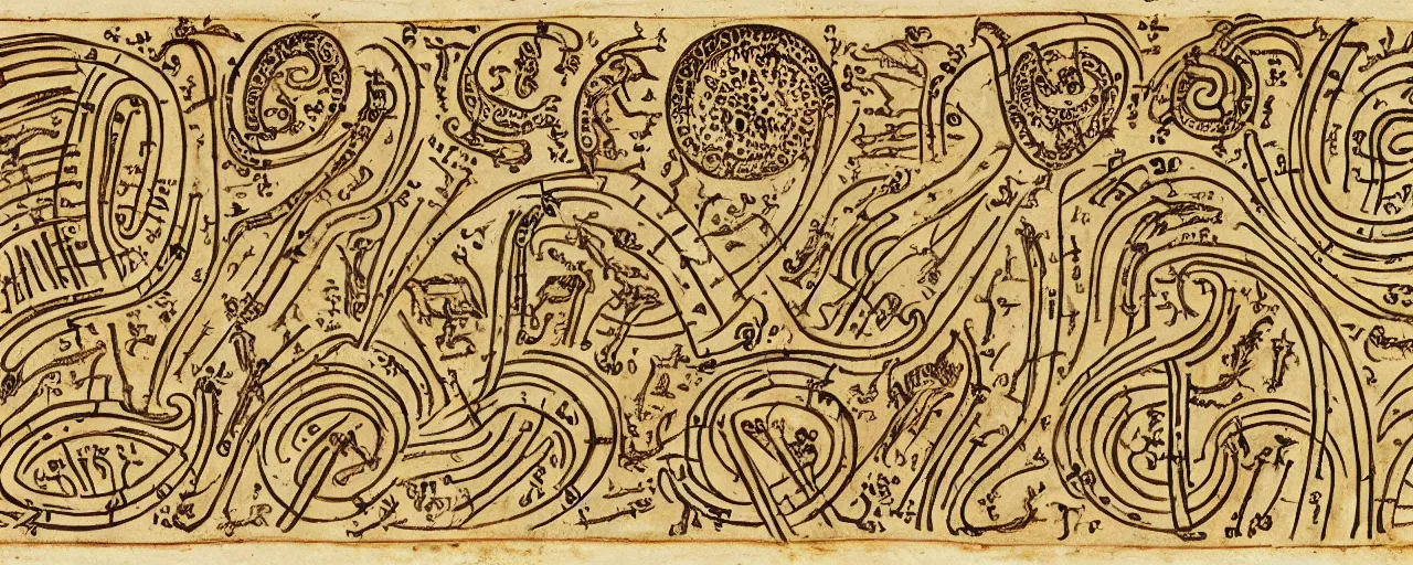 Image similar to ancient book with pictographs of spaghetti, in the style of the voynich manuscript, fine detail,