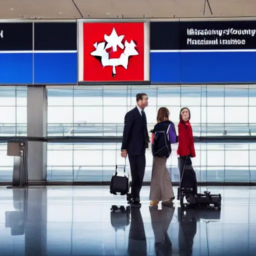 Prompt: professional photo of a man and a woman carrying luggage at the airport, the canada flag is in the background