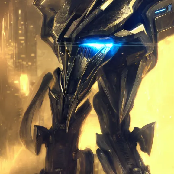 Image similar to cinematic shot, 35 foot tall stunning quadrupedal mecha dragon, sharp edged black armor, shining gold accents around the edges, sleek OLED blue visor for eyes, four legs, walking in busy neon city streets, sharp claws, epic shot, highly detailed art, sci fi, furry, 3D realistic, warframe fanart, destiny fanart, furry art, dragon art, feral art, macro art, furaffinity, DeviantArt, sofurry