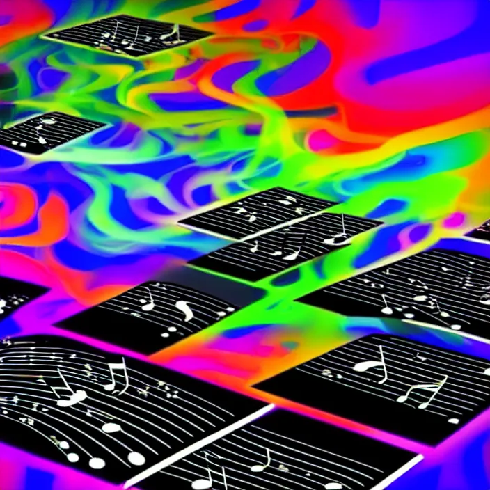 Prompt: a computer generating beautiful music, experimental, abstract, colorful, vivid