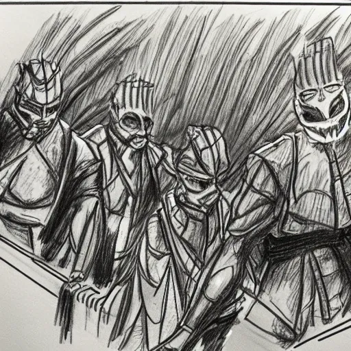 Image similar to highly detailed realistic Courtroom style sketch of The Hague members yelling at a cyborg samurai, fear and anger in their eyes, award winning , masterpiece on a scroll , post-processing