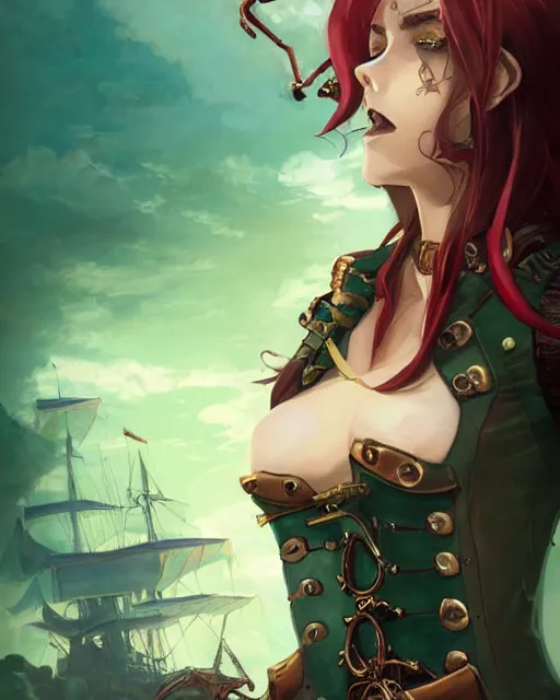 Prompt: a beautiful half body 2D illustration of a young female steampunk pirate wearing leather armor on gold and red trimmings on green, by Charlie Bowater, tom bagshaw, Artgerm and Lois Van Baarle, beautiful anime face, very cool pose, pirate ship with an epic sky background, slightly smiling, cinematic anime lighting and composition, fantasy painting, very detailed, ornate, trending on artstation and pinterest, deviantart, google images