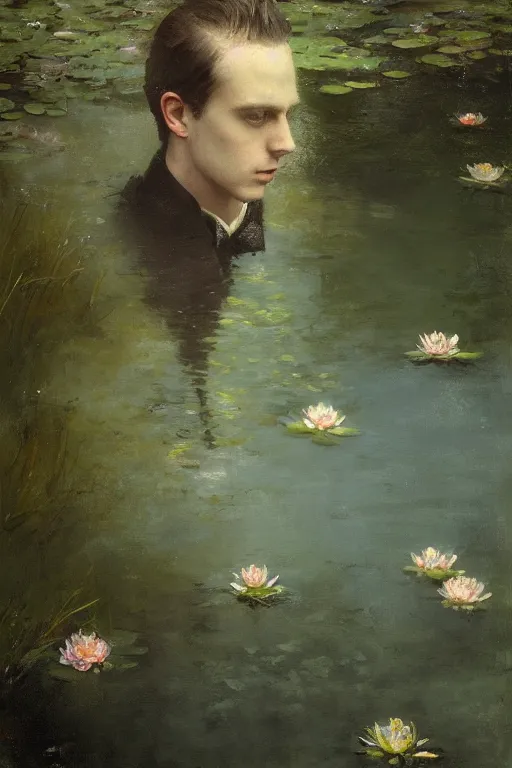 Image similar to detailed cinematic moody colors studio portrait of a young victorian gentleman in a beautiful victorian water pond, water lilies, high quality by jeremy mann, only one head single portrait