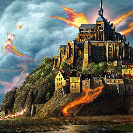 Image similar to landscape of Mont Saint-Michel under attack by dragons, high fantasy, highly detailed digital art