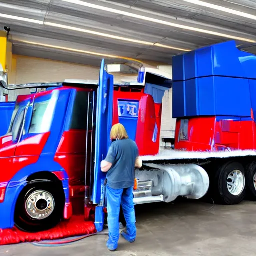 Prompt: Optimus prime working in a local carwash