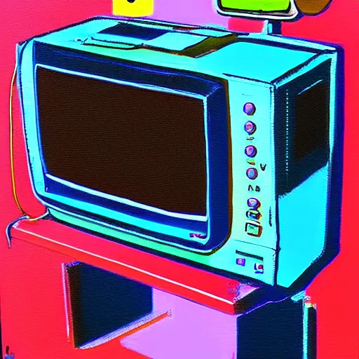 Image similar to array of crt televisions, tv static, blob, technology, antenna, stacked, junkyard, polaroid, steroids, adult video store, impressionist painting, painting, acrylic painting, cell shaded, by andy warhol