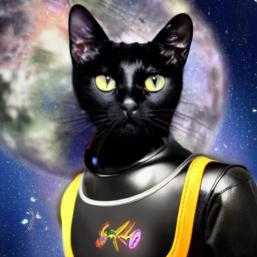 Image similar to black cat in a space suit in style of retro-futurism, 4k, hyper realistic,