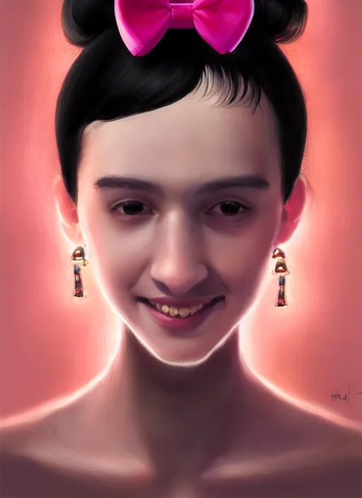 Image similar to portrait of teenage girl, realistic, black hair, bangs, half updo hairstyle, pointy nose, skinny, smile, ugly, defined jawline, big chin, pink hair bow, earrings, intricate, elegant, glowing lights, highly detailed, digital painting, artstation, sharp focus, illustration, art by wlop, mars ravelo and greg rutkowski