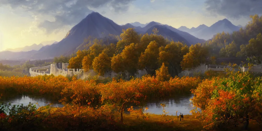 Image similar to painting of a FANTASY winery in BEIJING autumn, with a river winding through them. In the distance, there are mountains. by bob ross, Albert Bierstadt, oil on canvas, immaculate scale, hyper-realistic, trending on Artstation, 8k, detailed, atmospheric, immaculate