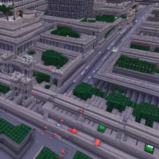 Image similar to street city, hyperrealism, no blur, 4k resolution, ultra detailed, style of Minecraft