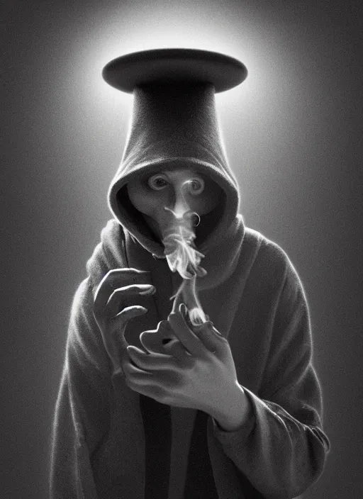 Image similar to an anthropomorphic beautiful male scientist portrait blowing smoke wearing black hoodie robe, binocular, fine art, award winning, intricate, elegant, sharp focus, octane render, hyperrealistic, wizard hat cinematic lighting, highly detailed, digital painting, 8 k concept art, art by jamie hewlett and z. w. gu, masterpiece, trending on artstation, 8 k