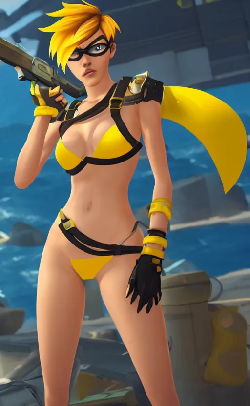 KREA - tracer game character, in yellow bikini, blonde hair, black