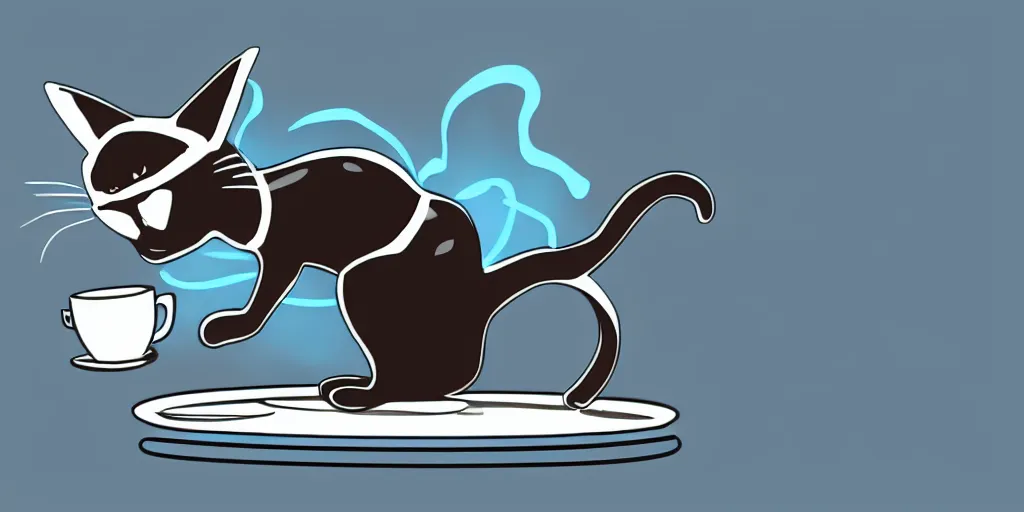 Prompt: tron cat knocking over a coffee cup with a disk