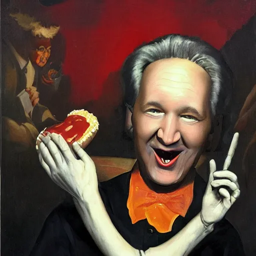 Image similar to surreal grotesque kitsch low-brow portrait of Bill Maher emerging from deep shadows eating hamburgers, extra onions and ketchup, luscious patty with sesame seeds, figure in the darkness, serving big macs, french fry pattern ambience, Francisco Goya, painted by John Singer Sargant, Adrian Ghenie, style of Francis Bacon, highly detailed, 8k, trending on artstation