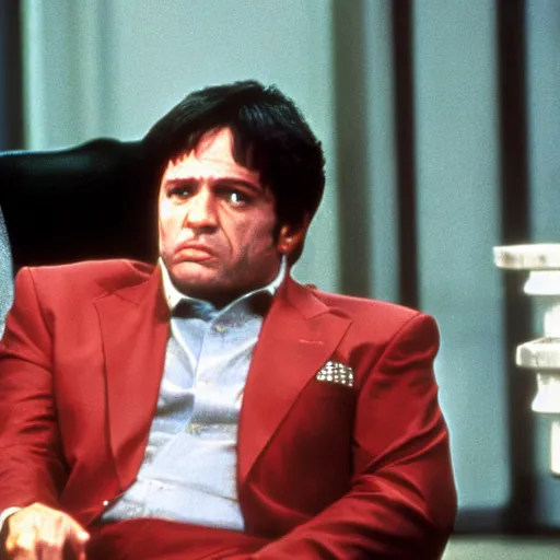 Prompt: film still of George Costanza as Tony Montana in Scarface