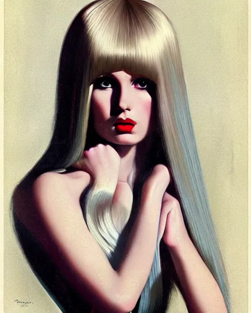 Prompt: portrait 1 9 6 0 s elegant blonde beautiful mod girl, long straight 6 0 s hair with bangs, groovy, occult, by brom, tom bagshaw, sargent
