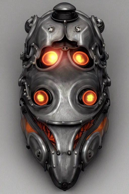 Image similar to steampunk mask minimalist fantasy art robot ninja helmet, global illumination ray tracing hdr fanart arstation by sung choi and eric pfeiffer and gabriel garza and casper konefal radiating a glowing aura