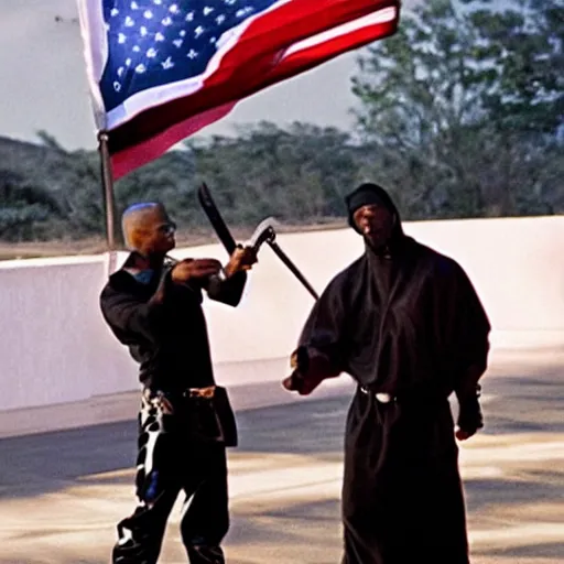 Image similar to tupac having an epic swordfight with obama, cinematography, action movie