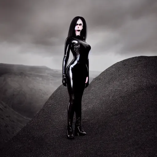 Prompt: portrait, full - body, a futuristic neo - goth woman wearing a shiny black latex ornate rococo dress, inside a volcanic black rock landscape, soft moonlight, volumetric lighting, dramatic, moody, ultra - sharp