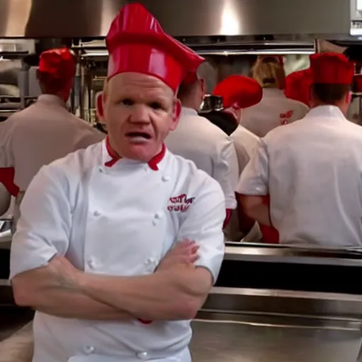 Image similar to gordon ramsay yelling at kfc employees in the kfc kitchen on kitchen nightmares. the employees are lined up and in their kfc uniforms.