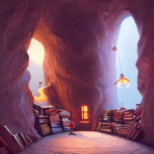 Prompt: books cave, atmospheric, dof, wide angle, very coherent composition, masterpiece, incredible details, highly detailed, photorealistic, disney pixar, warm colours, atmospheric, cozy place, smooth, hole as a window, octane render, iridescent, 8 k