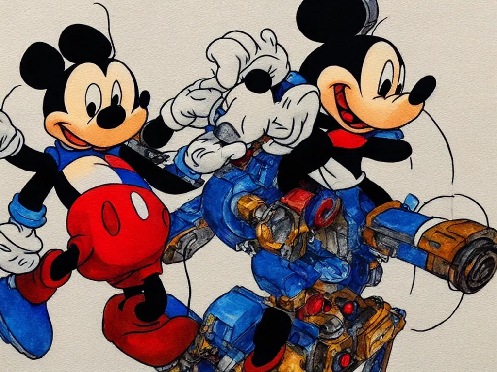 Image similar to mickey mouse is dissecting optimus prime, cinematic landscape ， close - up ， natural light, ink painting