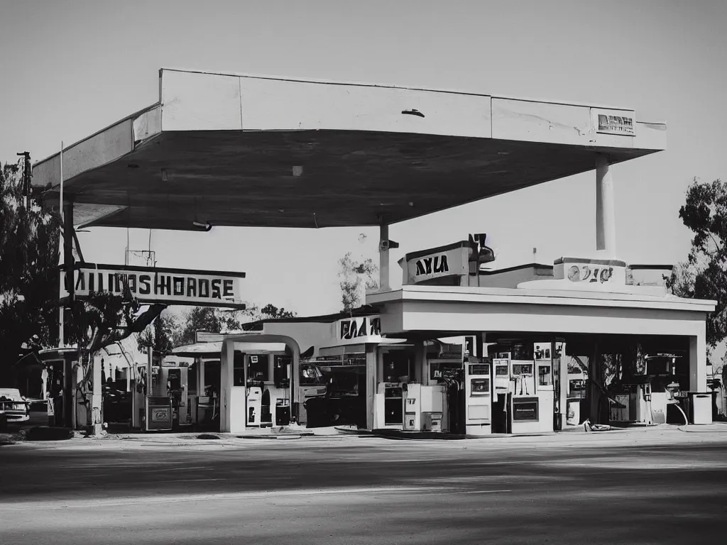 Image similar to “A black and white 35mm photo of a vintage gas station in Los Angeles”