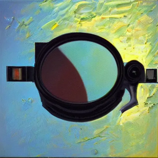 Image similar to camera taking a picture of its own broken lens through a mirror, hyper realistic painting, impasto by Angela Moulton, high quality reflections