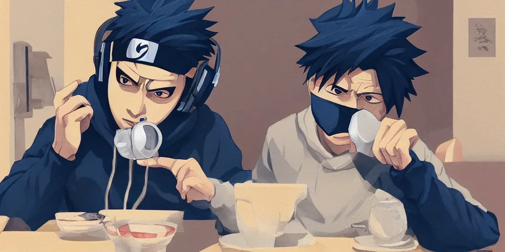 Prompt: kakashi hatake wearing headphones and a navy blue hoody having tea at a tea shop in toyko, aesthetic, digital painting, artstation, highly detailed, 4 k