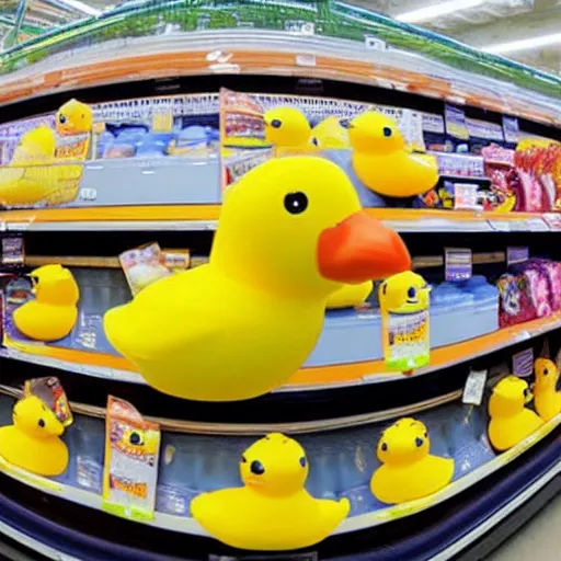 Image similar to a supermarket that sells only comically large rubber ducks