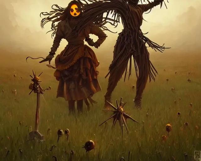 Image similar to field of scarecrows horror scene scary, deep focus, d & d, fantasy, intricate, elegant, highly detailed, digital painting, artstation, concept art, matte, sharp focus, illustration, hearthstone, art by artgerm and greg rutkowski and alphonse mucha