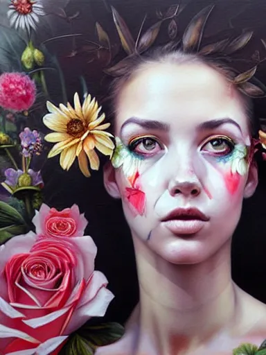 Image similar to portrait of lyndsey scott with a floral background : : painted by artgerm, karol bak, artur bordalo, sandra chevrier : : portrait, character, illustration, hyperrealism, photorealism