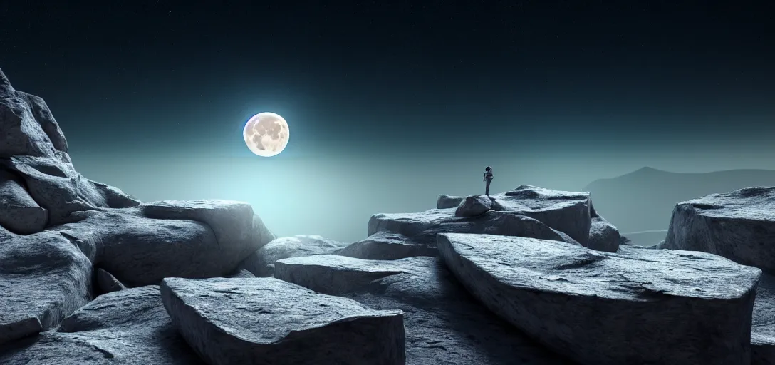 Image similar to octane render uhd, filmic lighting, cinematic art shot, hyperrealistic, hyperdetailed, super detailed, 8 k, high resolution, moon landscape, white rocks made of bone, 8 k uhd matte painting, mega high white mountain, midnight